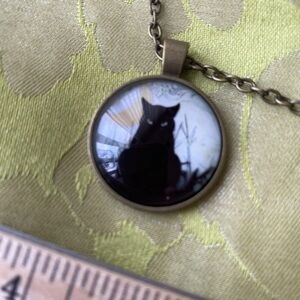 Black Cat Pendant Cabochon Necklace. 1 inch round. Brass look 12 inch chain.